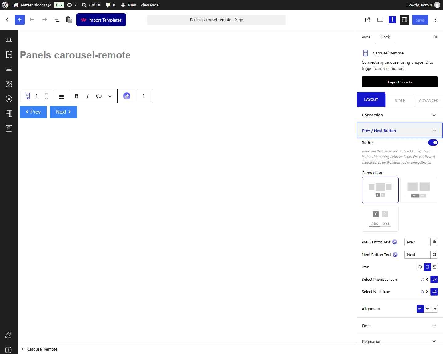 Carousel Remote block, Prev Next Button panel in the Layout tab