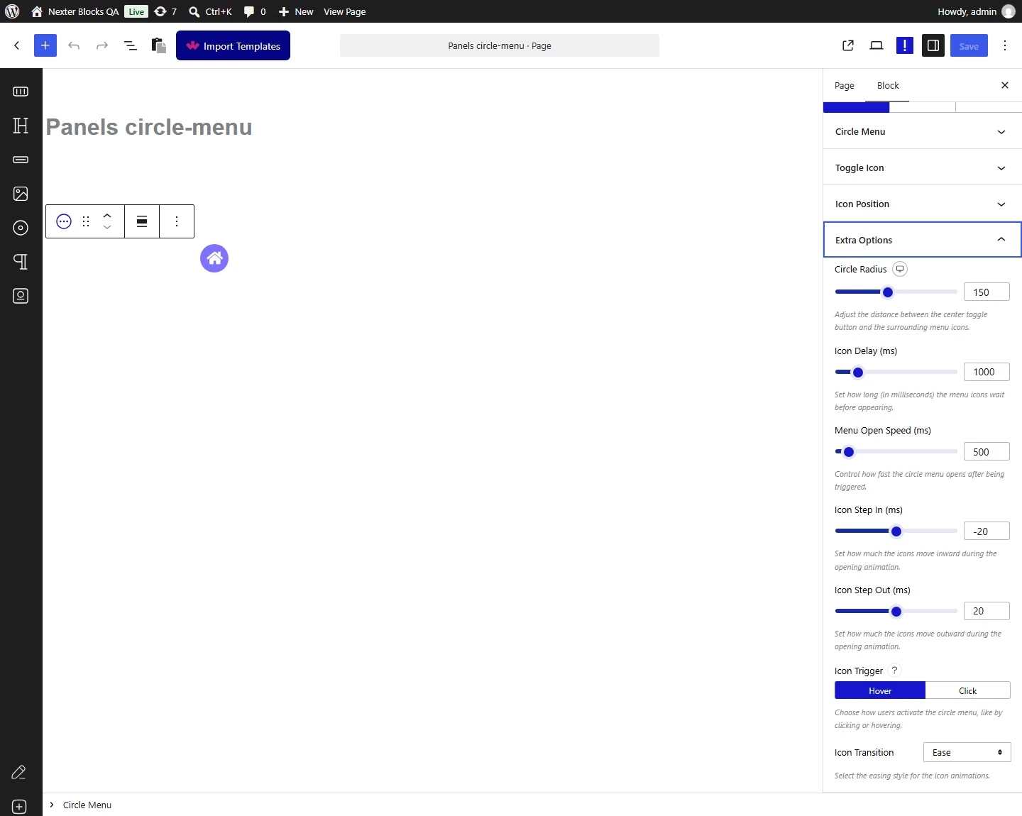 Circle Menu block, Extra Options panel in the Layout tab