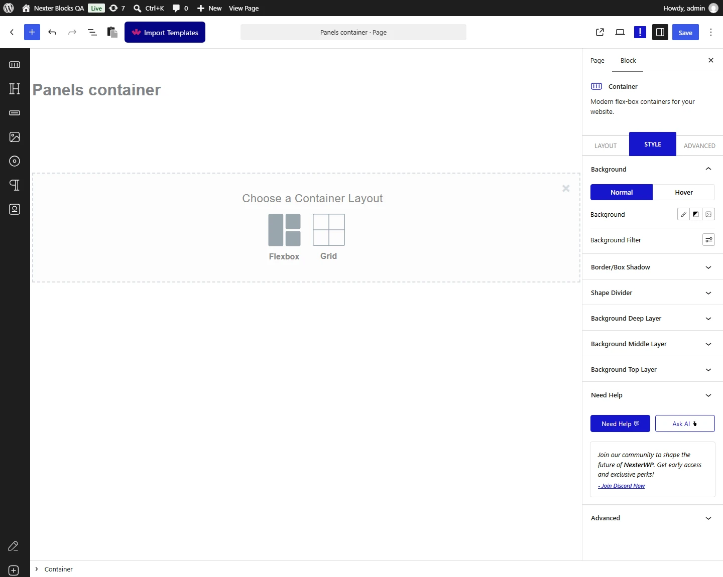 Container block, Background panel in the Style tab