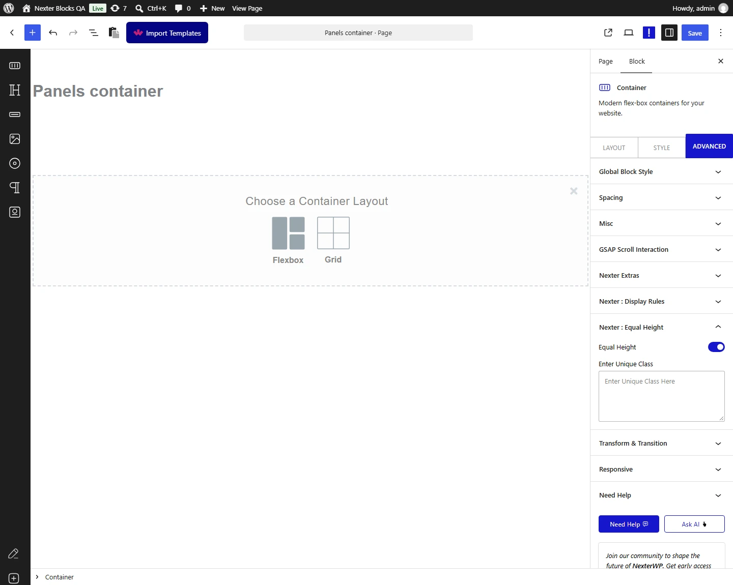 Container block, Advanced tab, Nexter : Equal Height panel with the Equal Height switch on