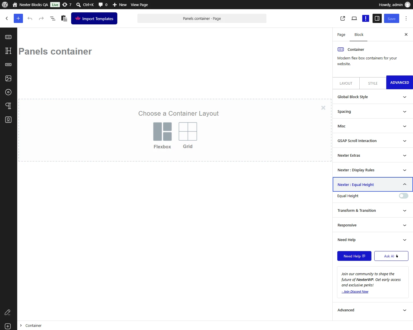 Container block, Advanced tab with the Nexter : Equal Height panel open