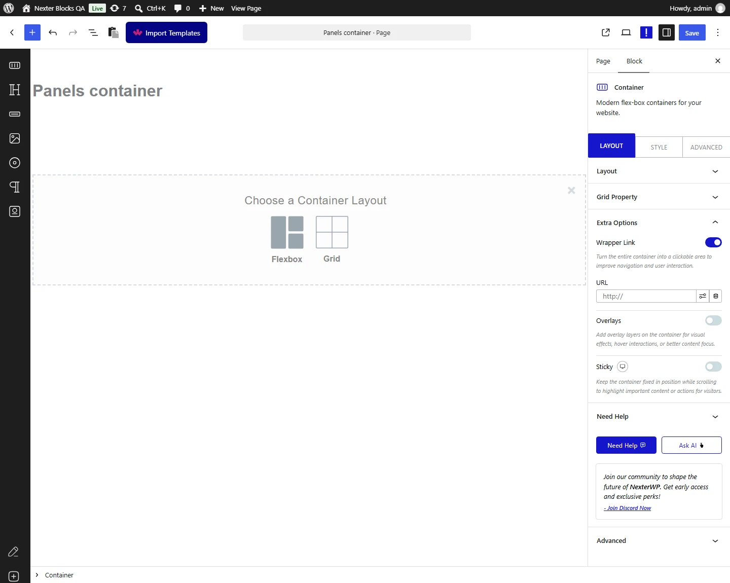 Container block, Extra Options panel with Wrapper Link switched on