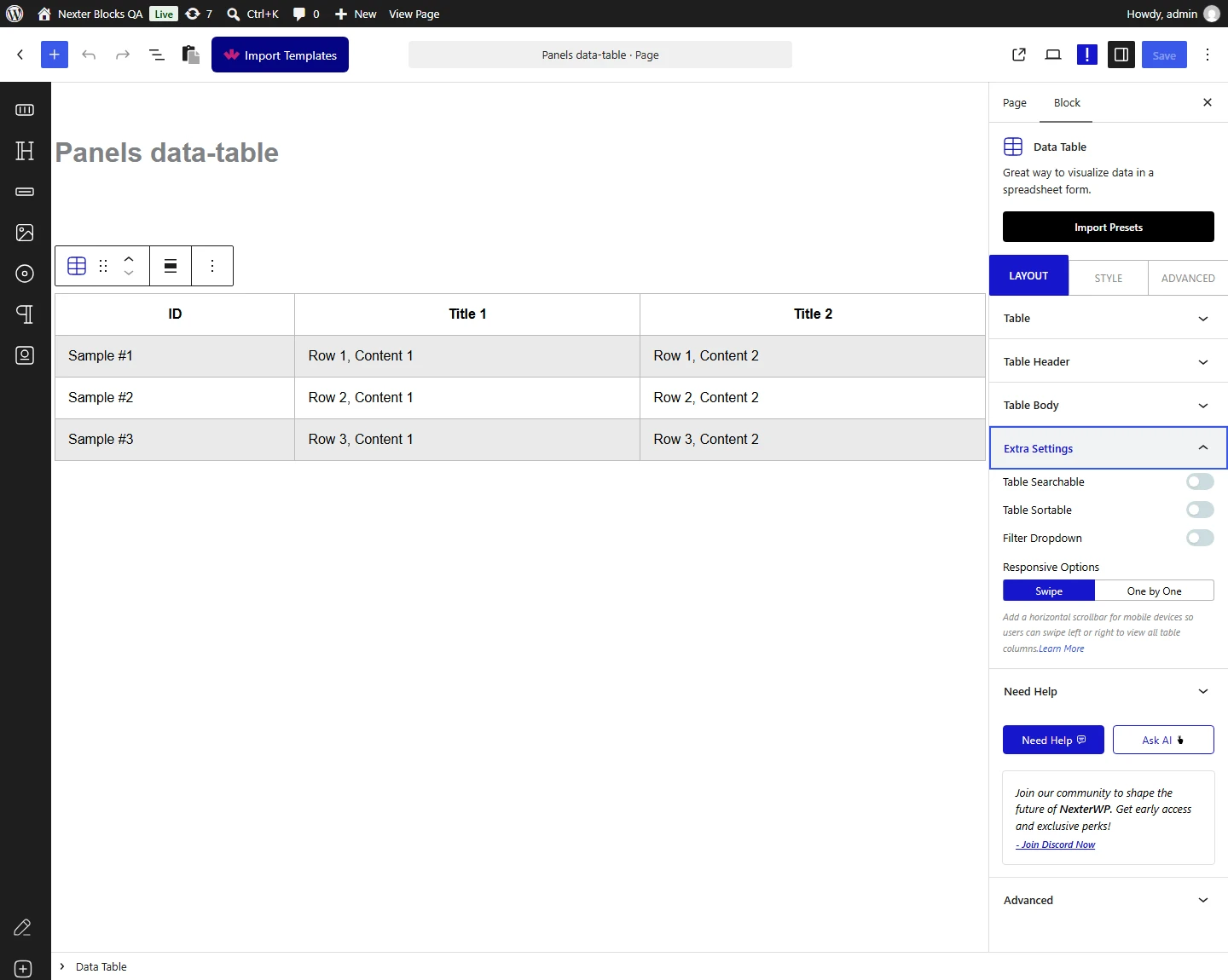 Data Table block, Extra Settings panel with the Responsive Options setting