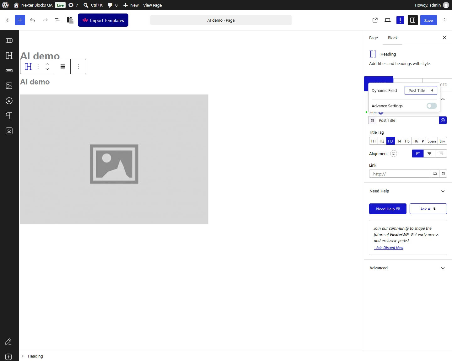 Heading block Title field with the Dynamic Field menu set to Post Title