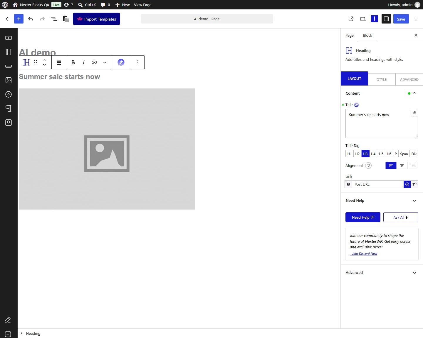 Heading block Link field with the Dynamic Field menu set to Post URL