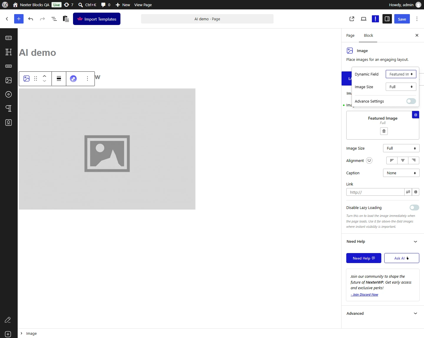 Image block with the Dynamic Field menu set to Featured Image