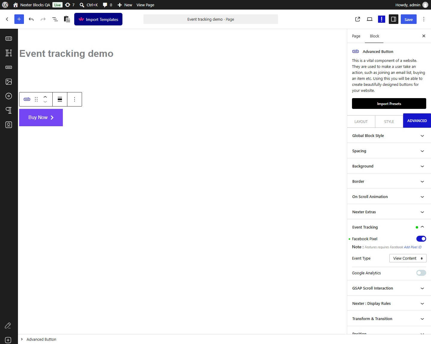Event Tracking panel with Facebook Pixel switched on and the default Event Type