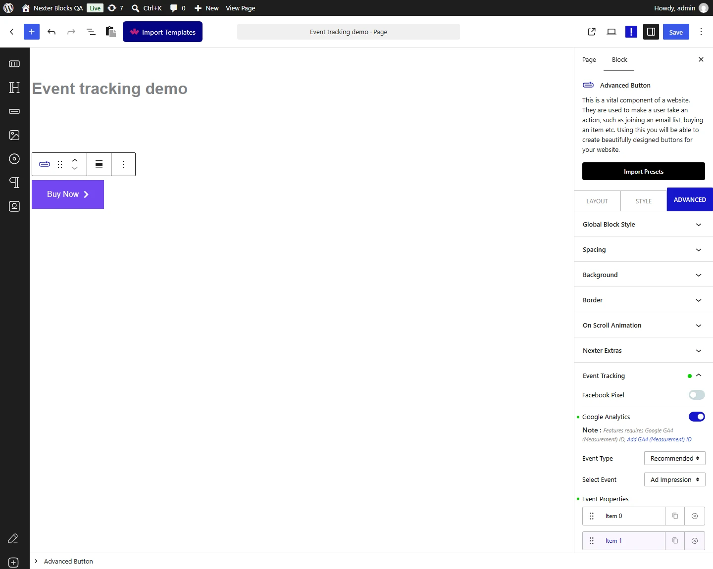 Event Tracking panel with Google Analytics on and a new row added under Event Properties