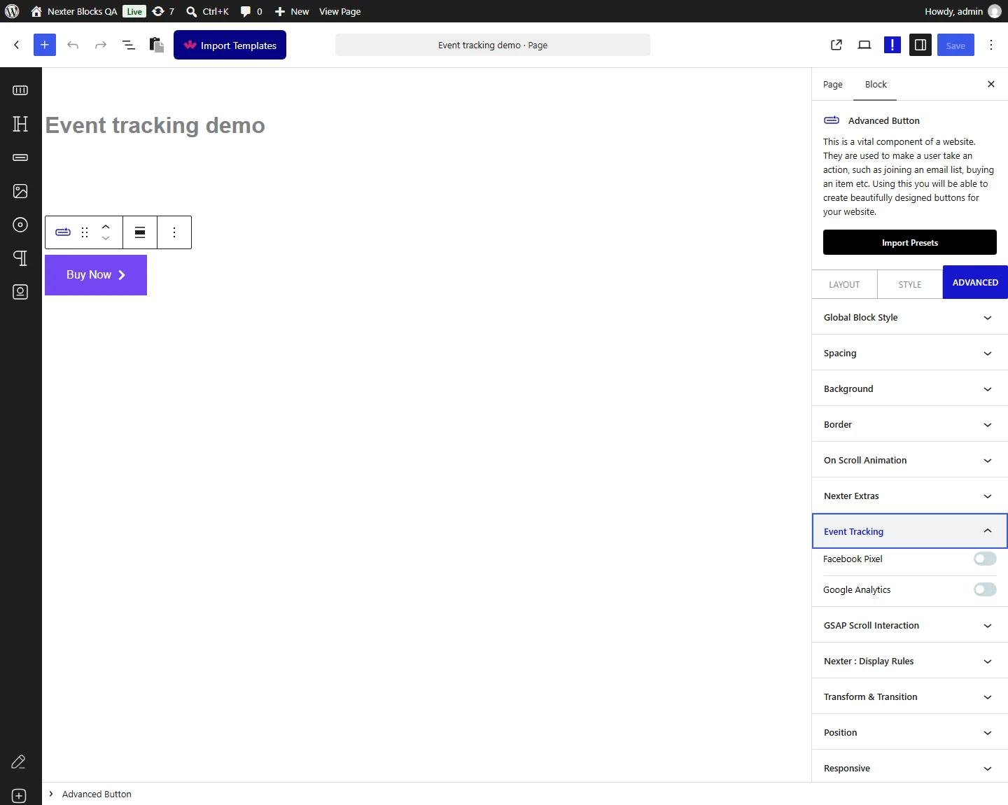 Event Tracking panel in the Advanced tab with the Facebook Pixel and Google Analytics switches