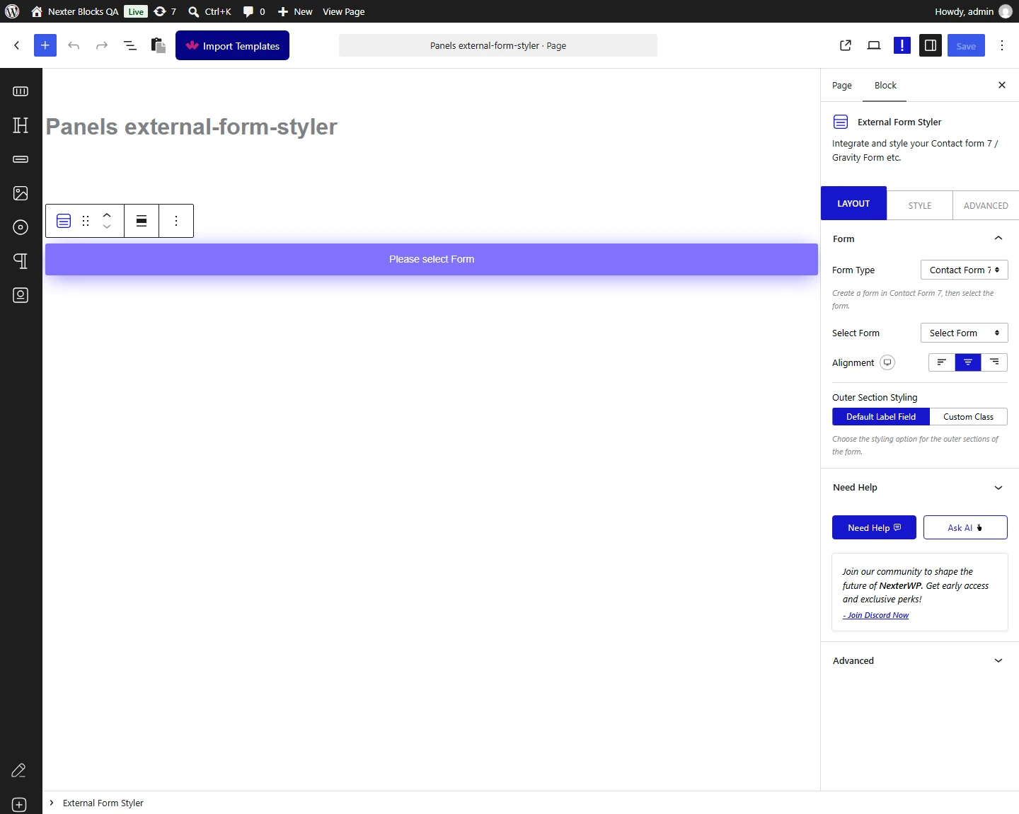 External Form Styler block, Form panel in the Layout tab