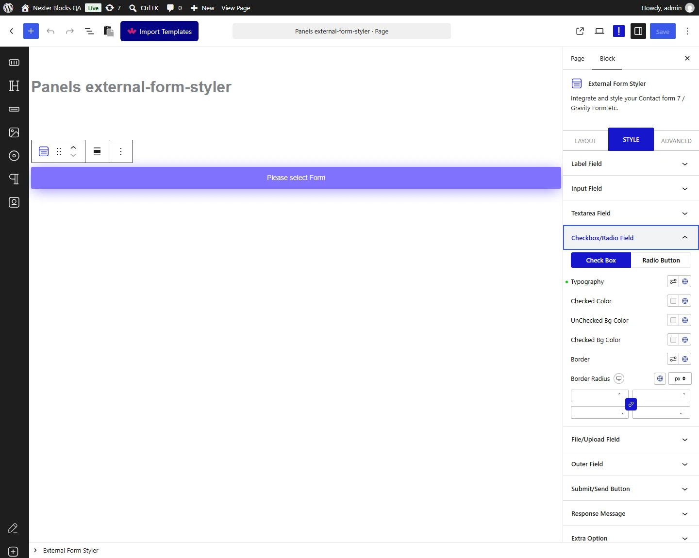 External Form Styler block, Checkbox Radio Field panel in the Style tab