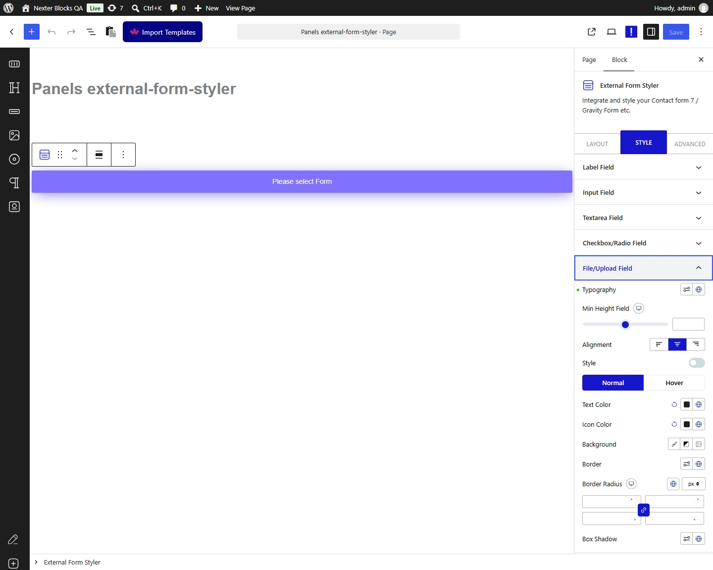 External Form Styler block, File Upload Field panel in the Style tab