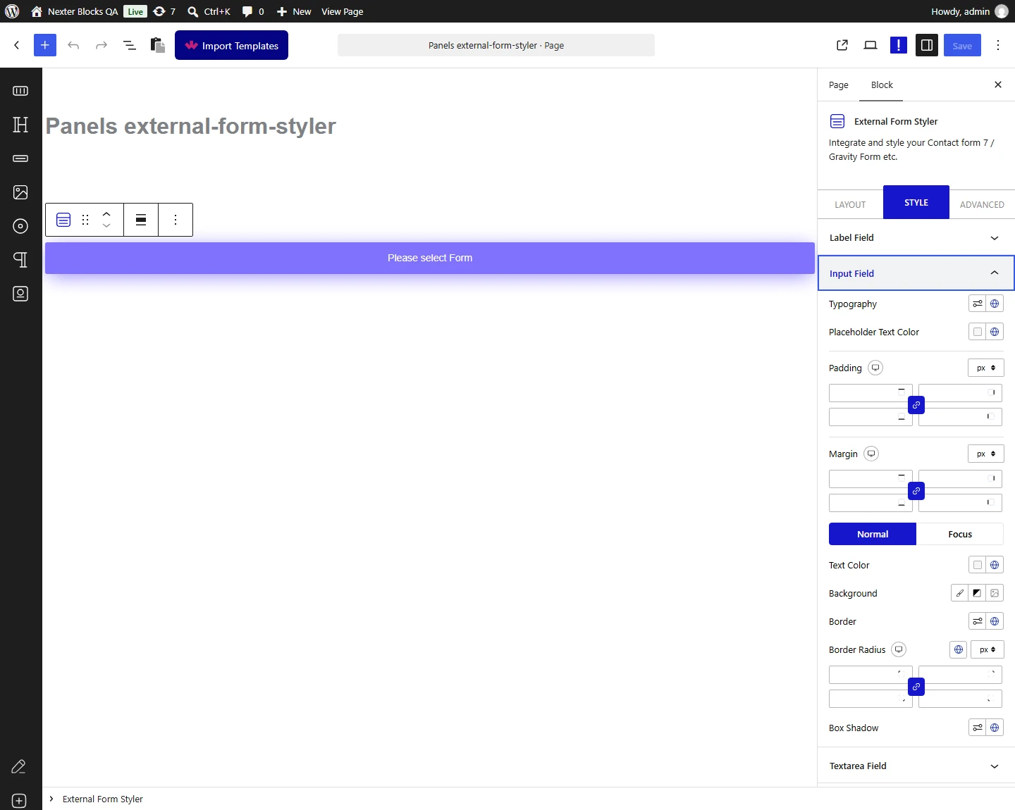 External Form Styler block, Input Field panel in the Style tab