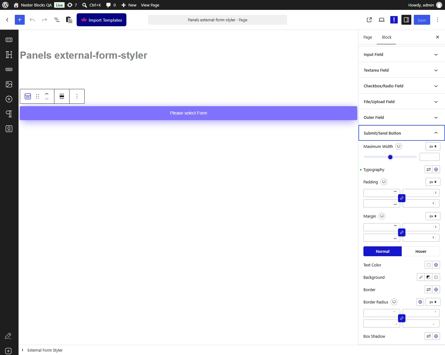 External Form Styler block, Submit Send Button panel in the Style tab