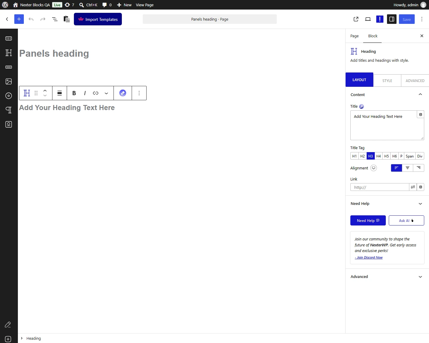 Heading block, Content panel in the Layout tab