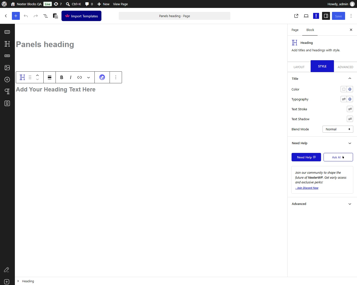 Heading block, Title panel in the Style tab