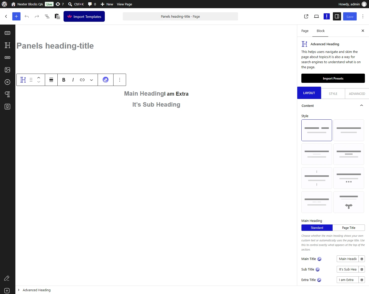 Advanced Heading block, Content panel in the Layout tab