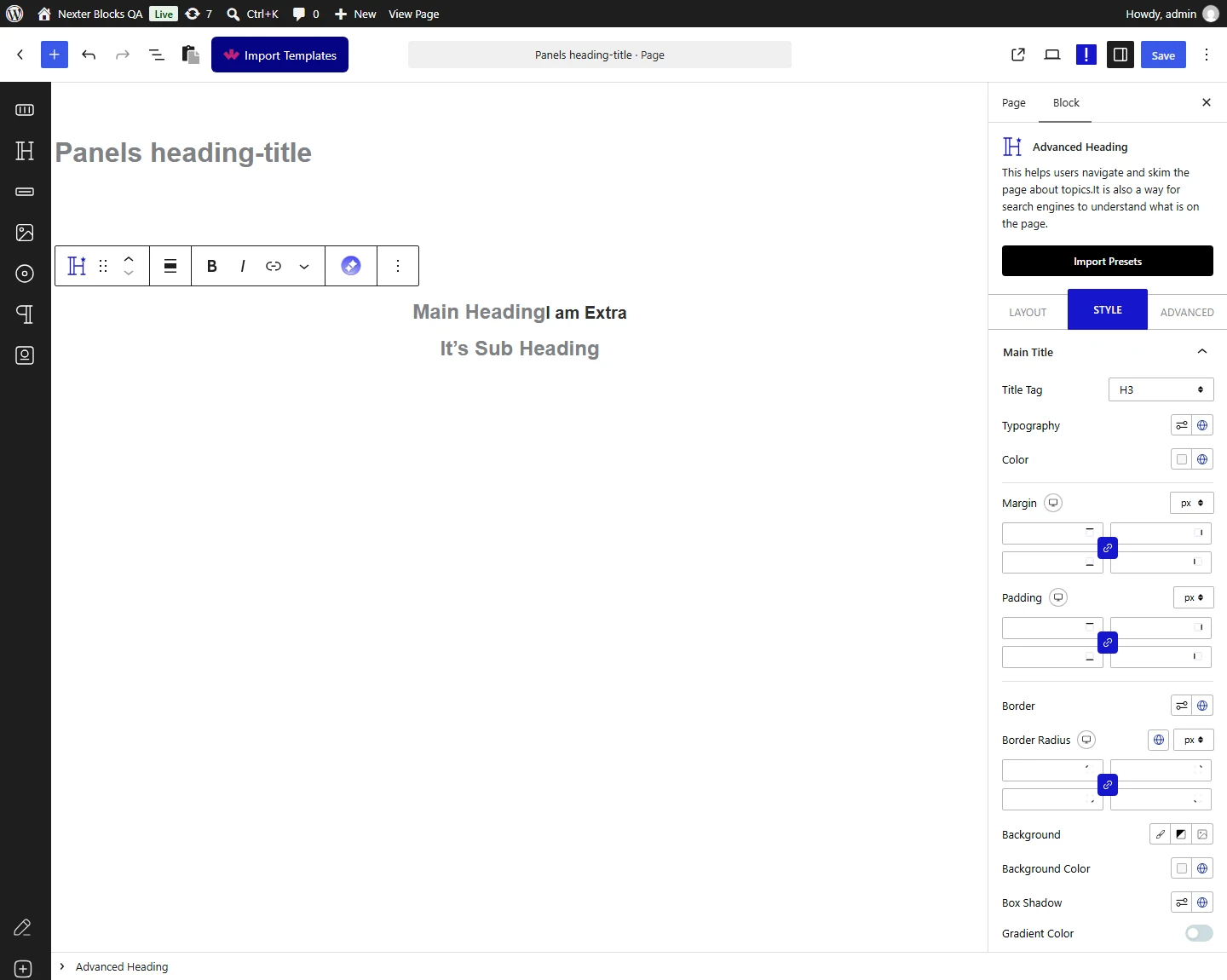 Advanced Heading block, Main Title panel in the Style tab