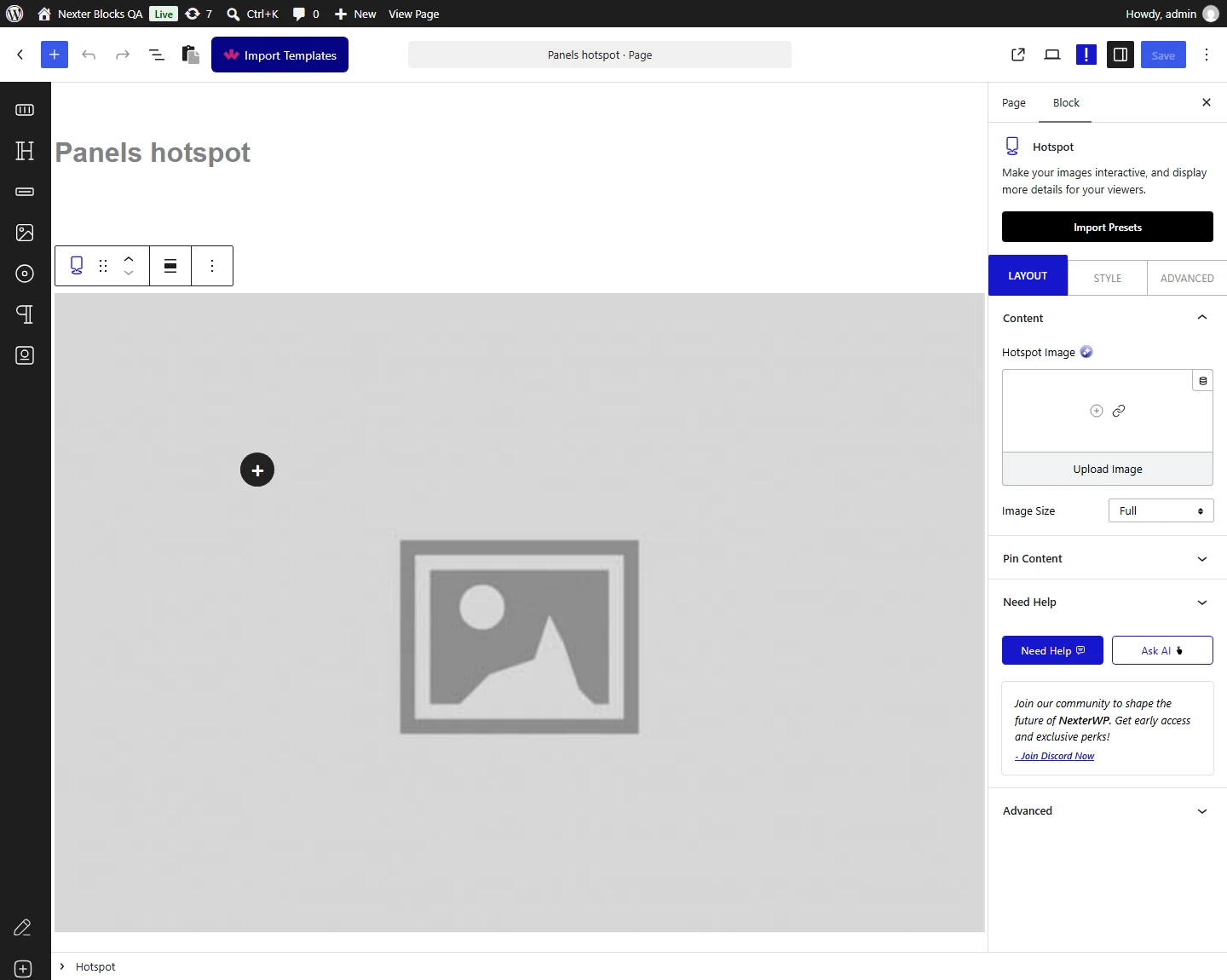 Hotspot block, Content panel in the Layout tab