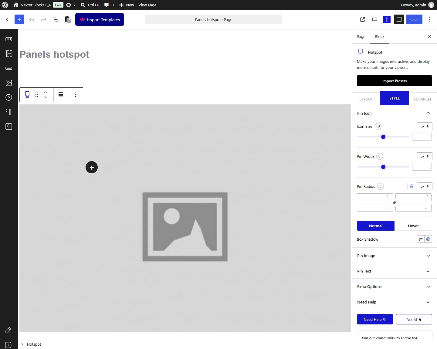 Hotspot block, Pin Icon panel in the Style tab