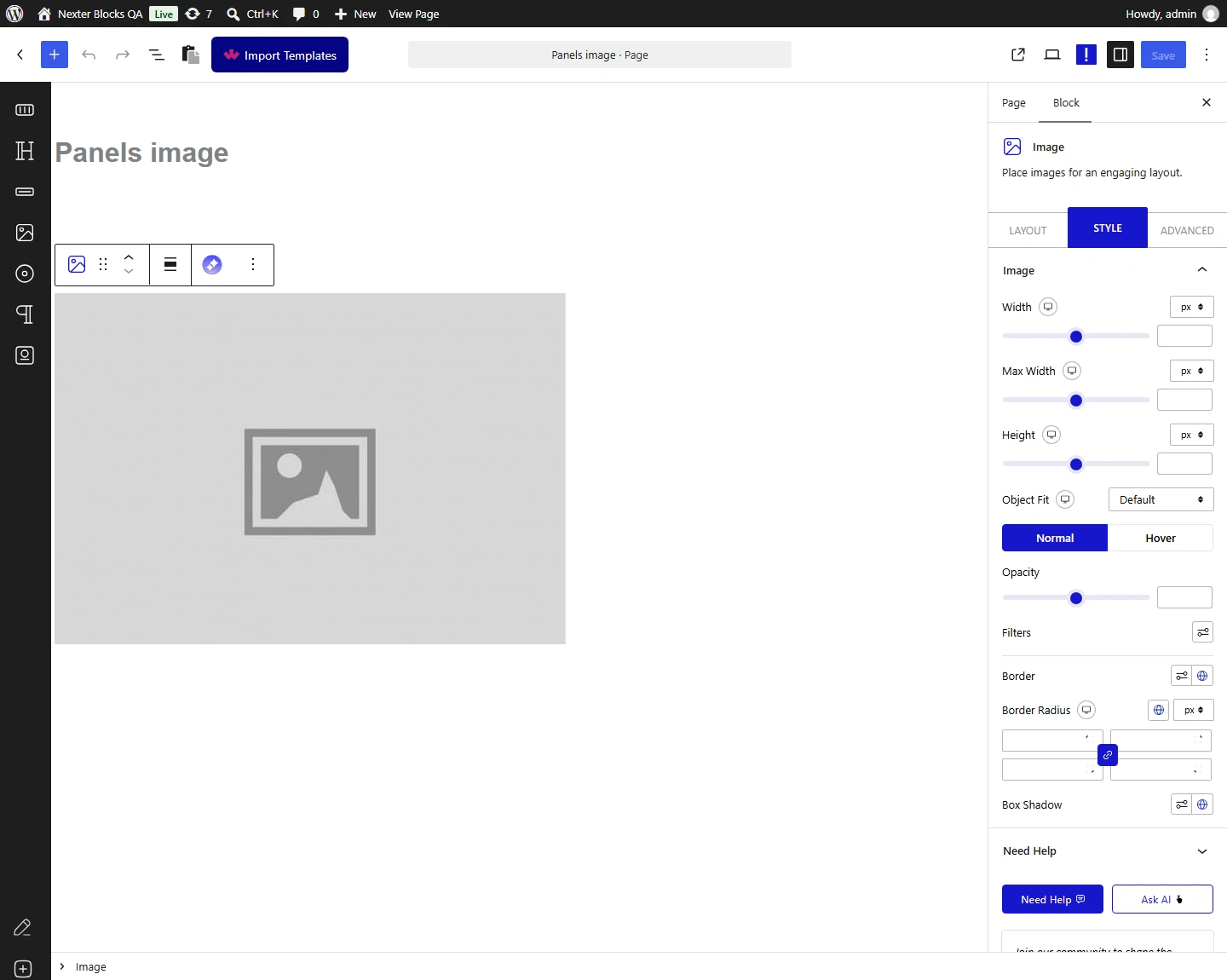 Image block, Image panel in the Style tab
