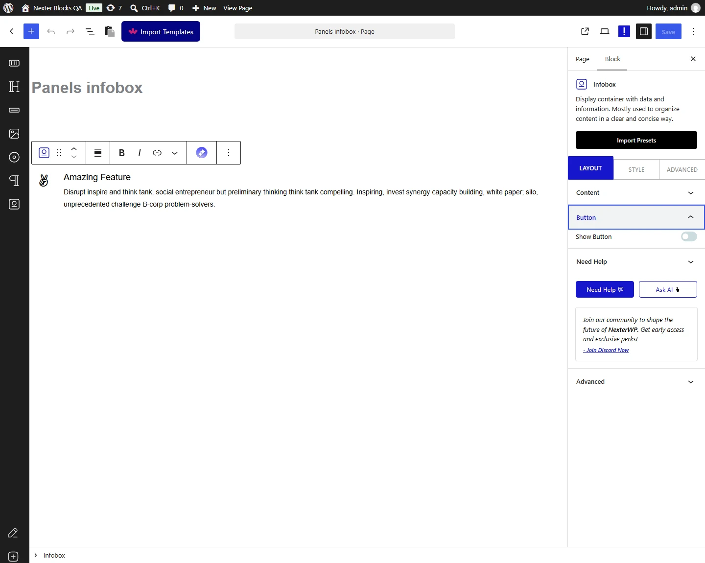 Infobox block, Button panel in the Layout tab