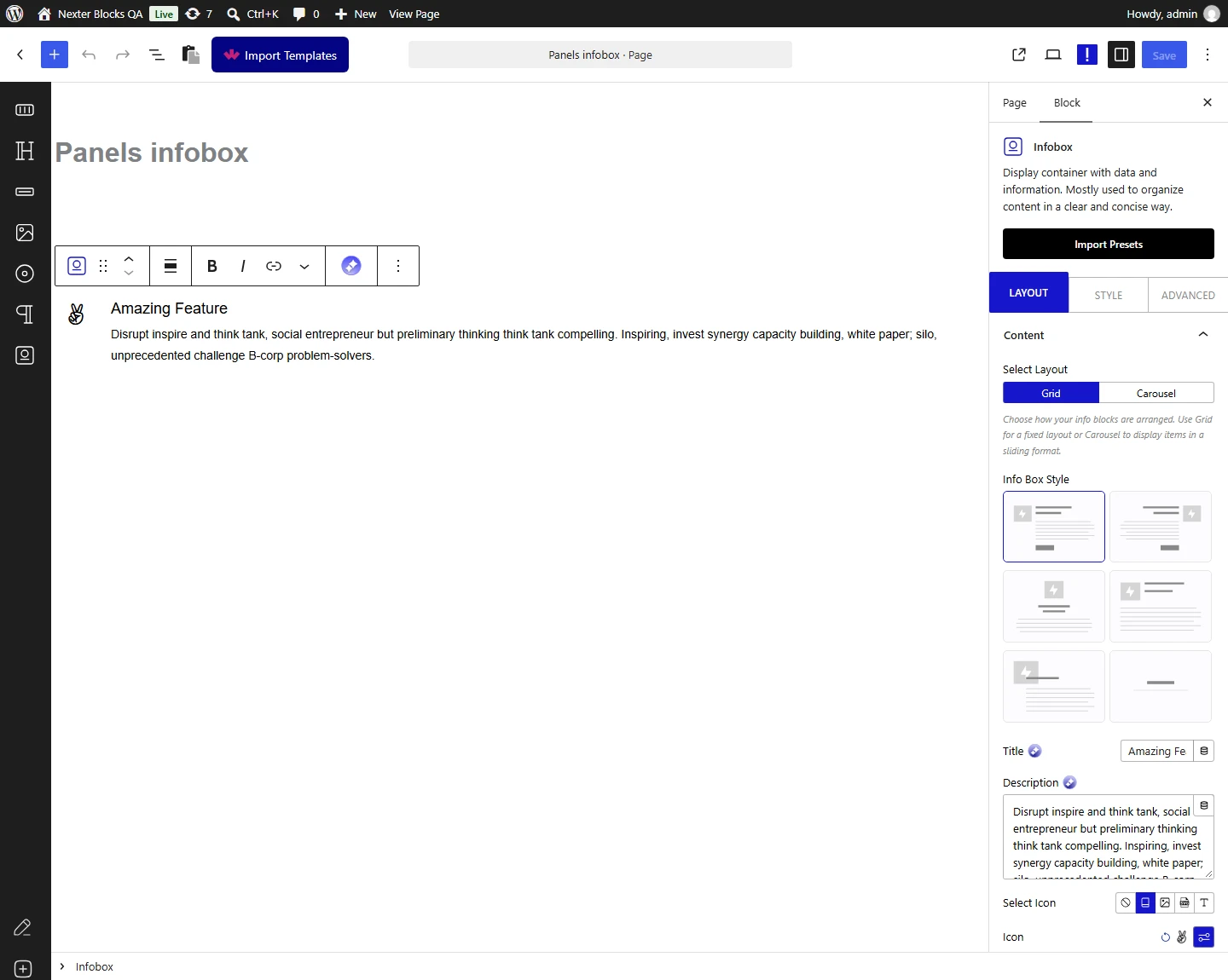 Infobox block, Content panel in the Layout tab