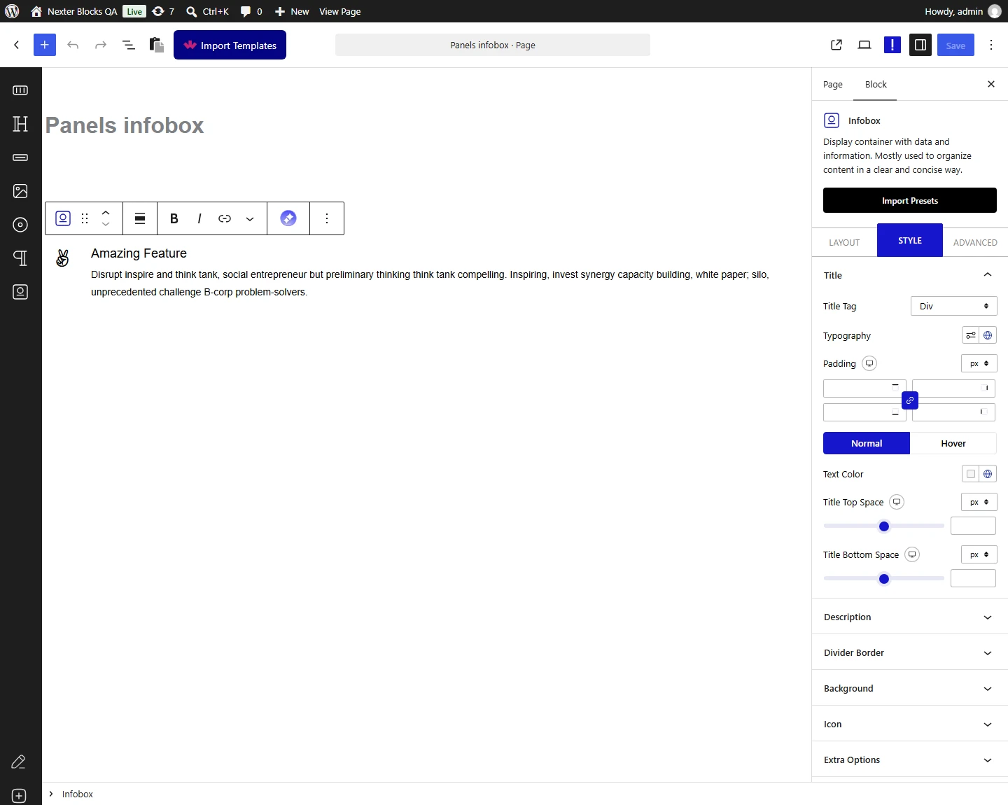 Infobox block, Title panel in the Style tab