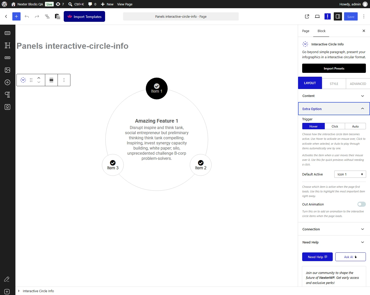 Nexter Blocks editor, Interactive Circle Info block, LAYOUT tab, Extra Option panel open