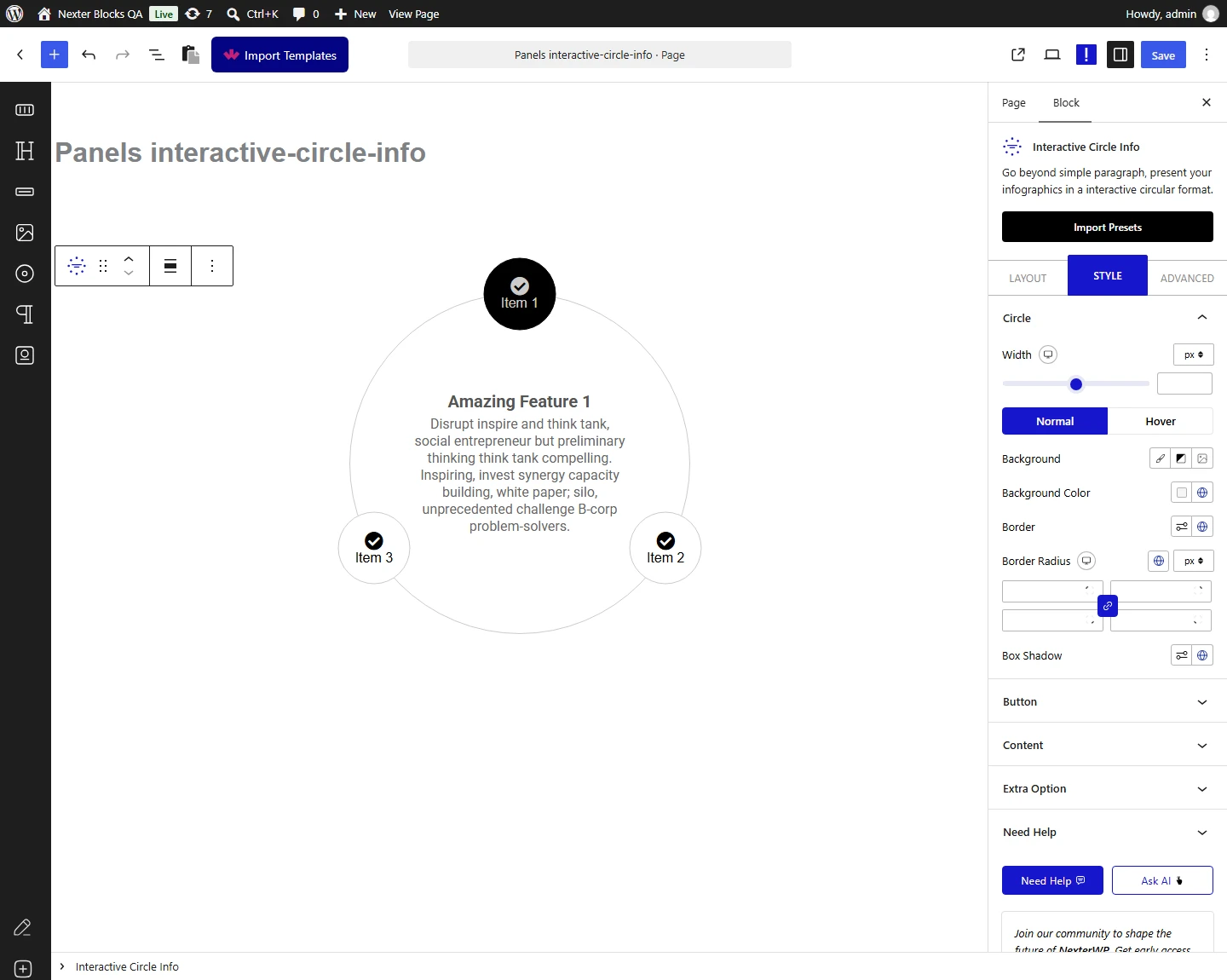 Interactive Circle block, Circle panel in the Style tab