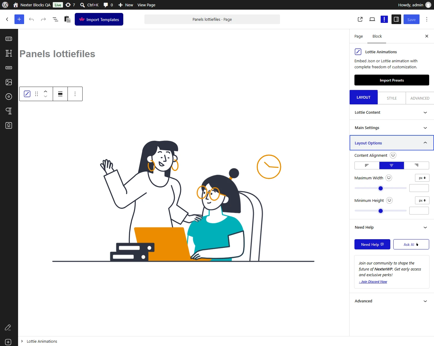 Lottie Animation block, Layout Options panel in the Layout tab