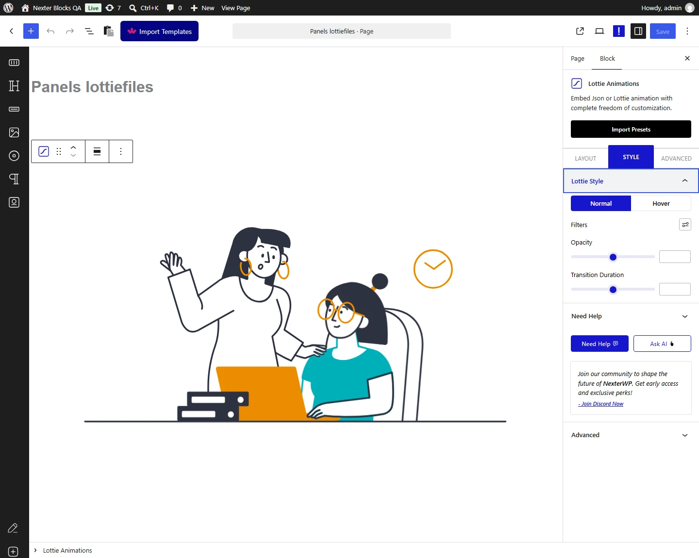 Lottie Animation block, Lottie Style panel in the Style tab