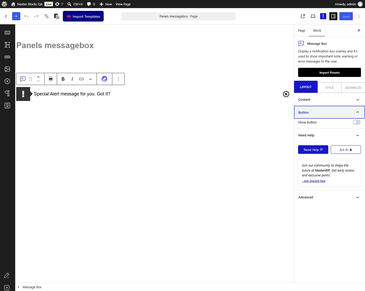 Message Box block, Button panel in the Layout tab