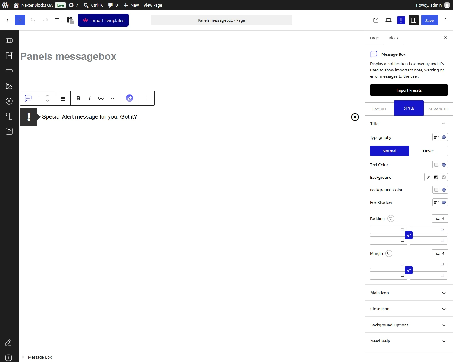Message Box block, Title panel in the Style tab