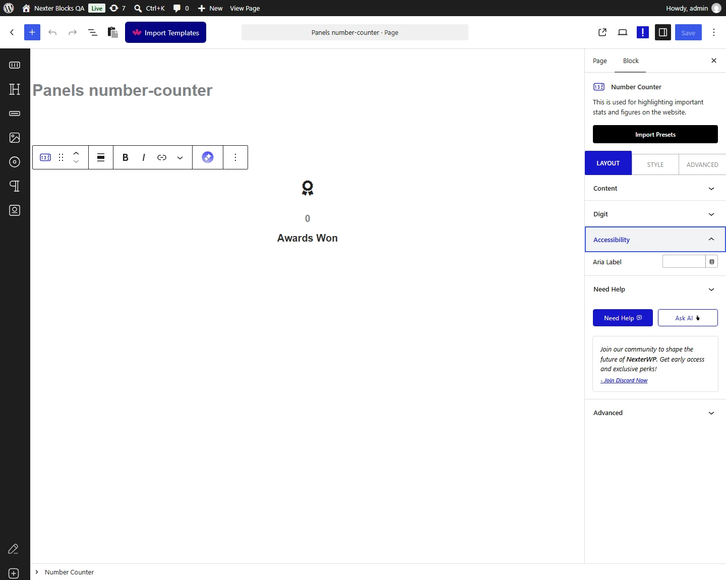 Number Counter block, Accessibility panel in the Layout tab
