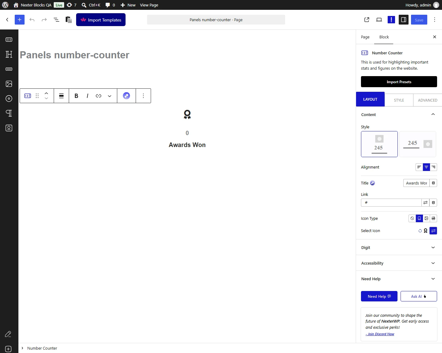 Number Counter block, Content panel in the Layout tab