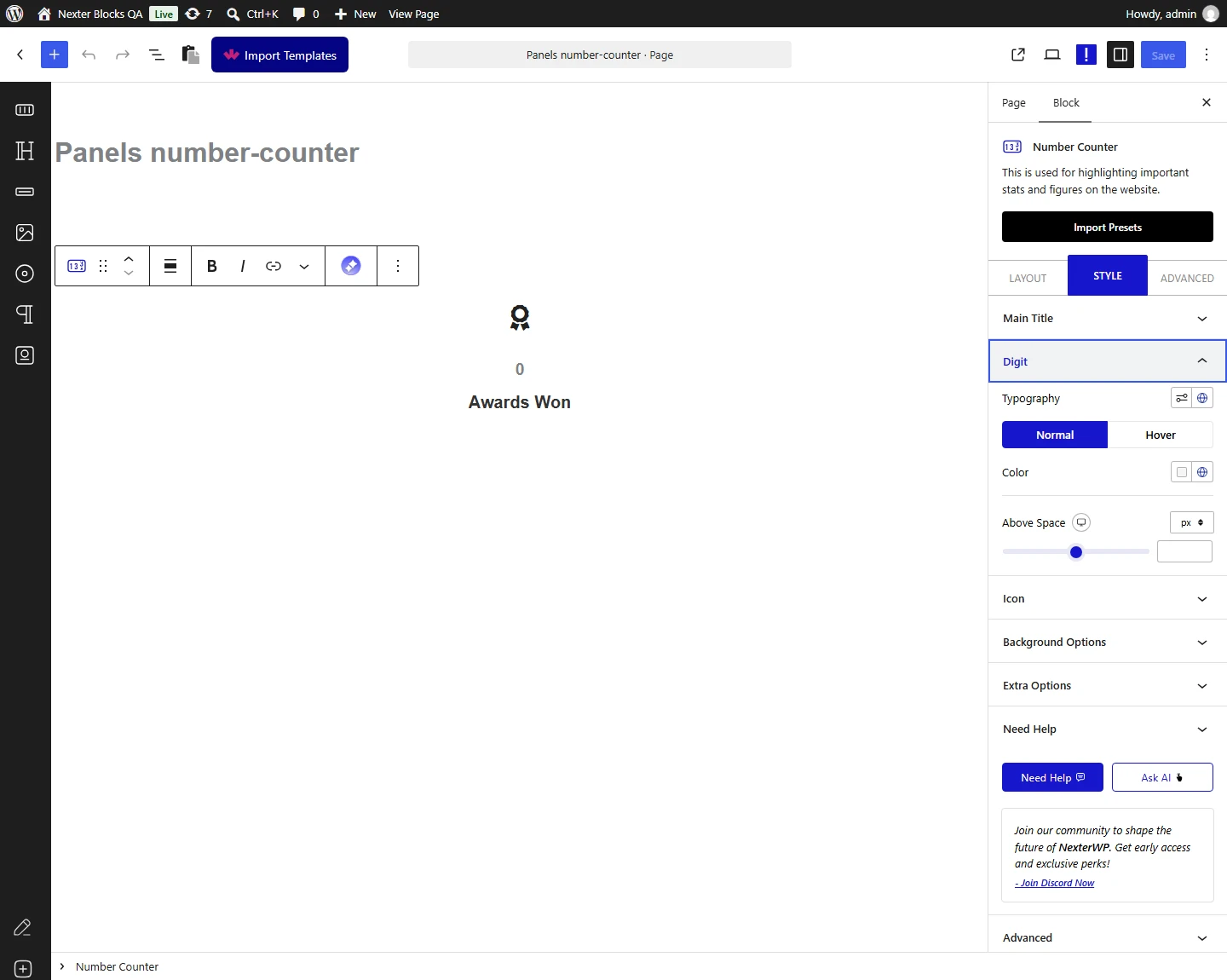 Number Counter block, Digit panel in the Style tab