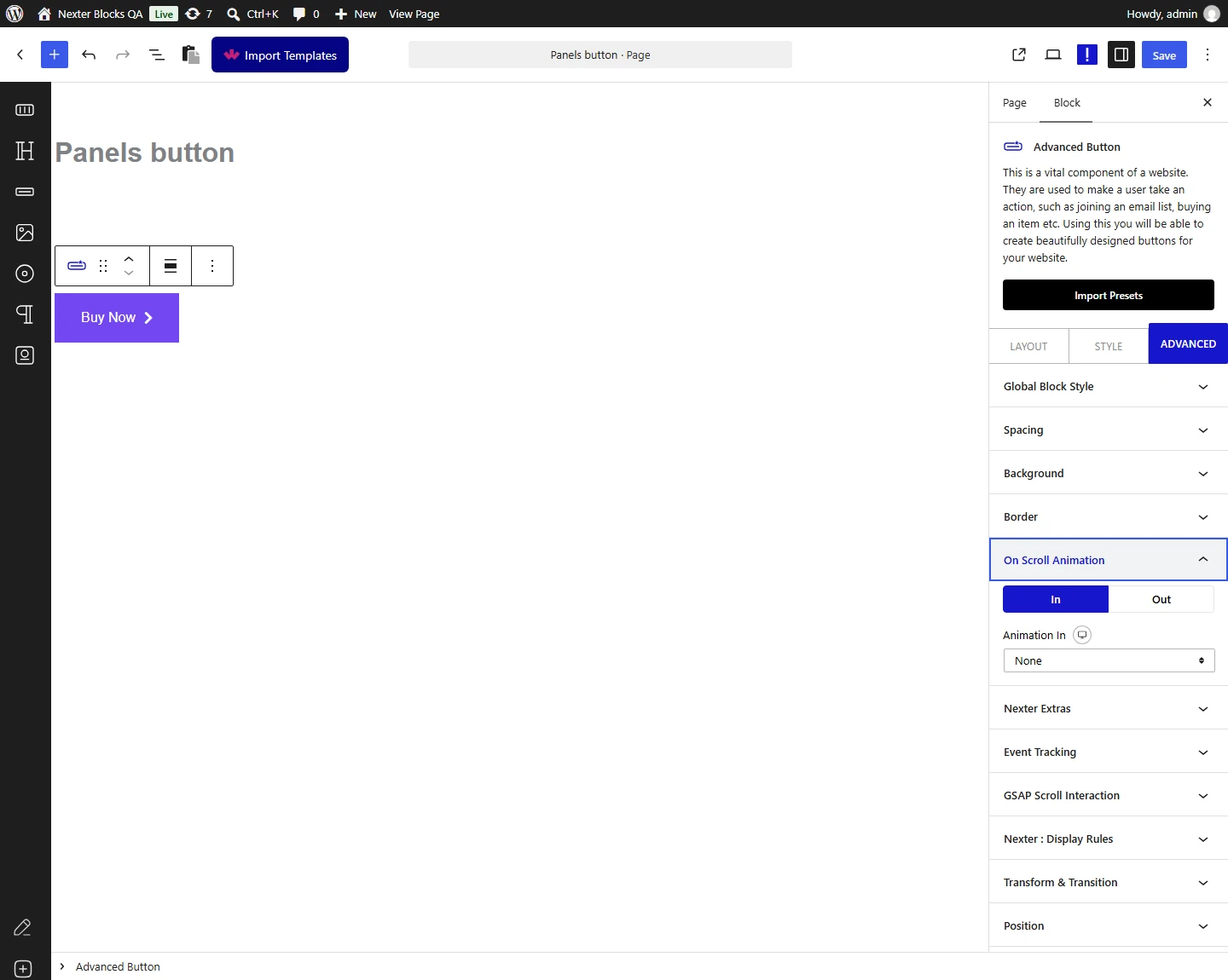 Advanced tab with the On Scroll Animation panel open