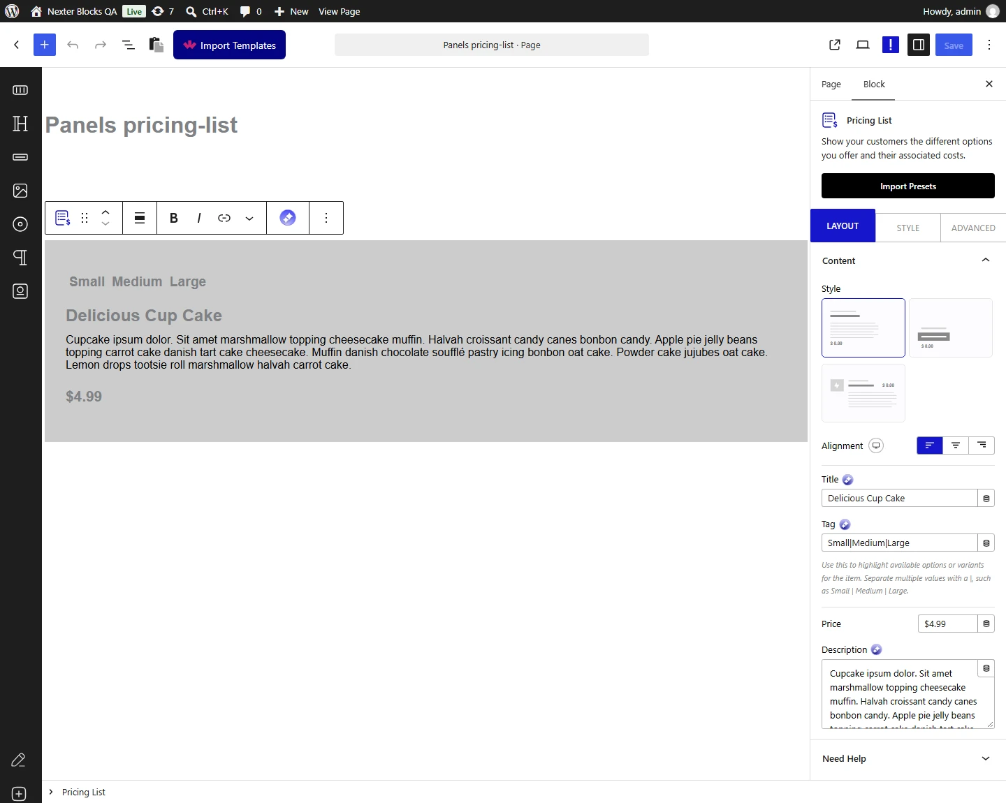 Pricing List block, Content panel in the Layout tab
