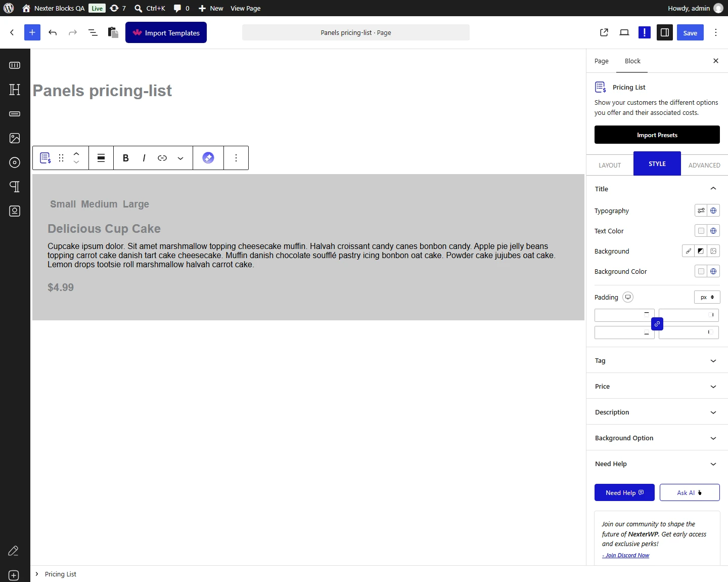 Pricing List block, Title panel in the Style tab