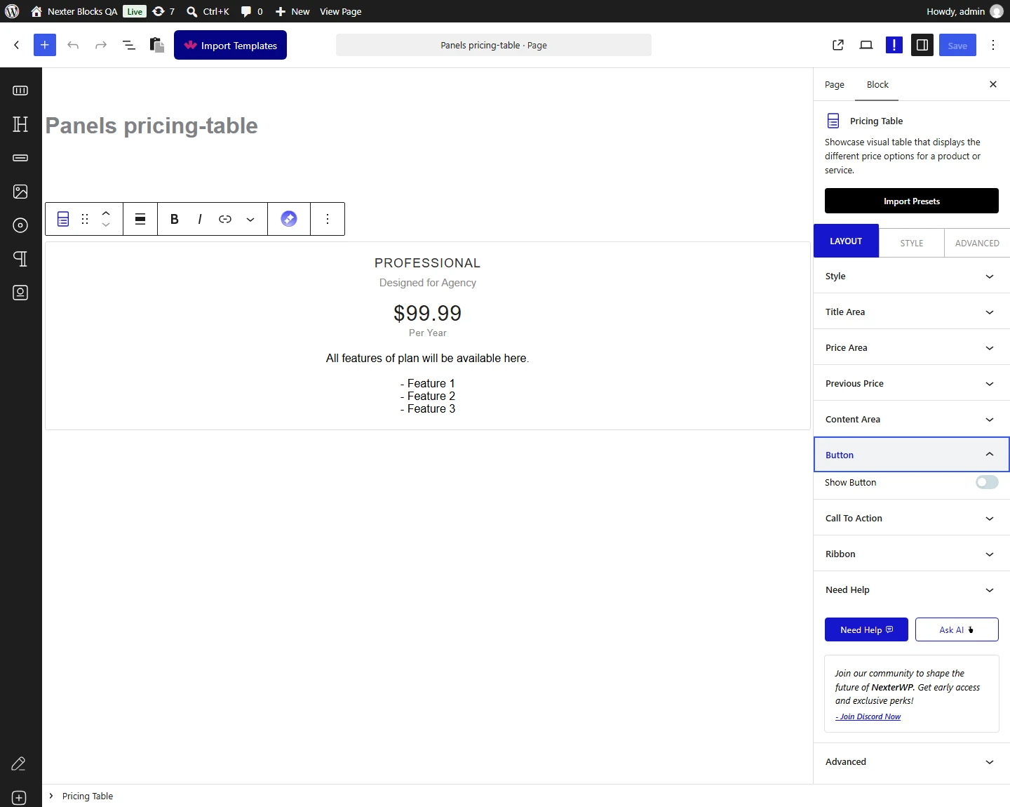 Pricing Table block, Button panel in the Layout tab