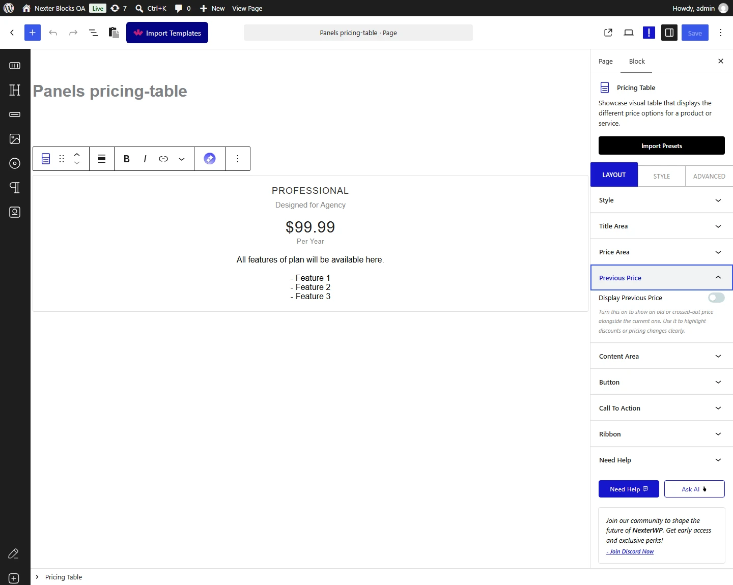 Pricing Table block, Previous Price panel in the Layout tab