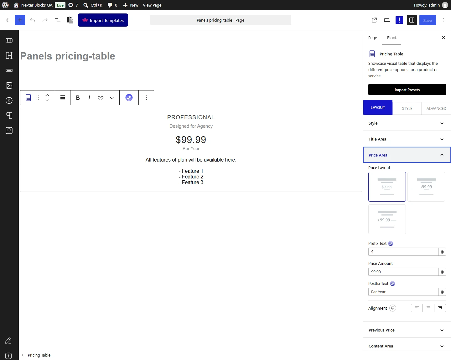 Pricing Table block, Price Area panel in the Layout tab