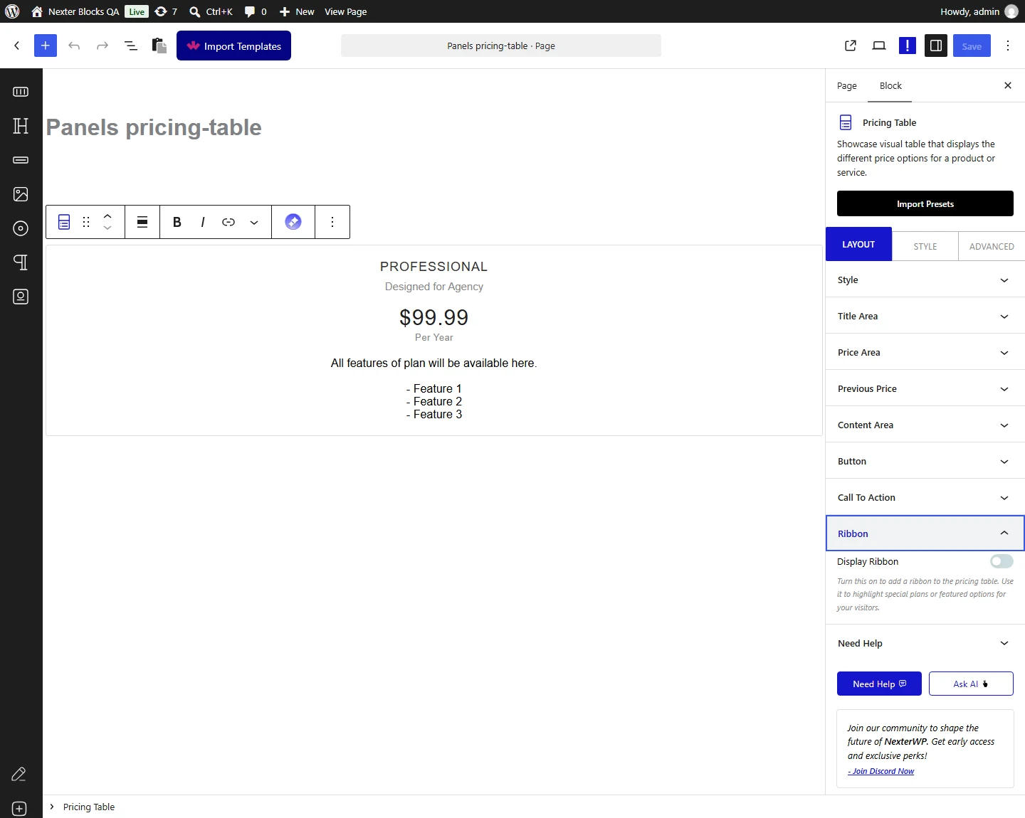 Pricing Table block, Ribbon panel in the Layout tab