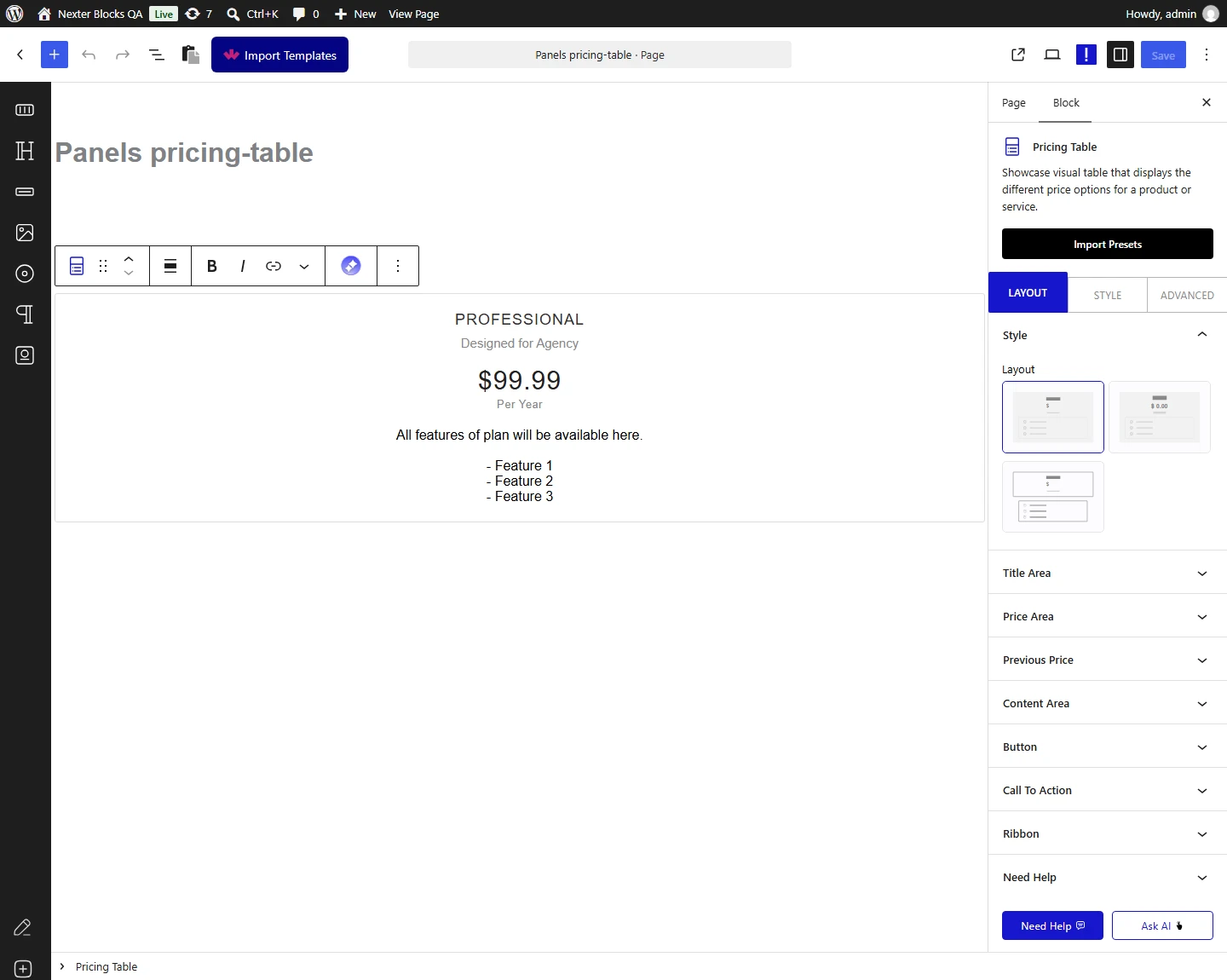 Pricing Table block, Style panel in the Layout tab