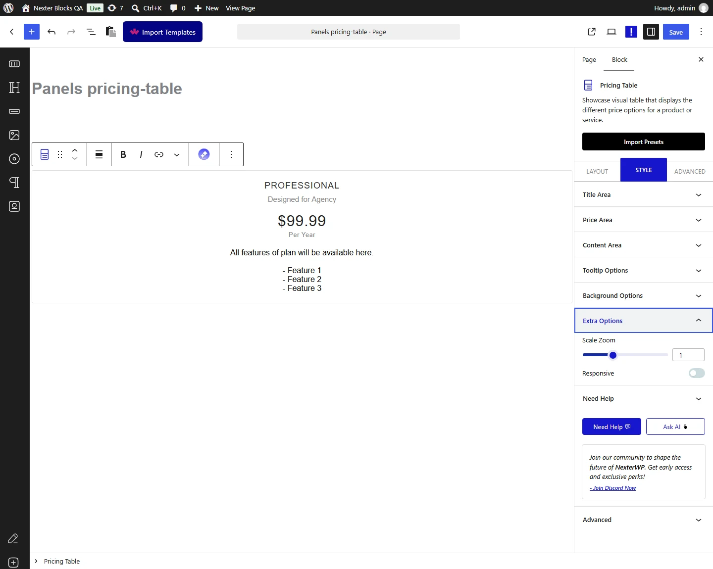 Pricing Table block, Extra Options panel in the Style tab