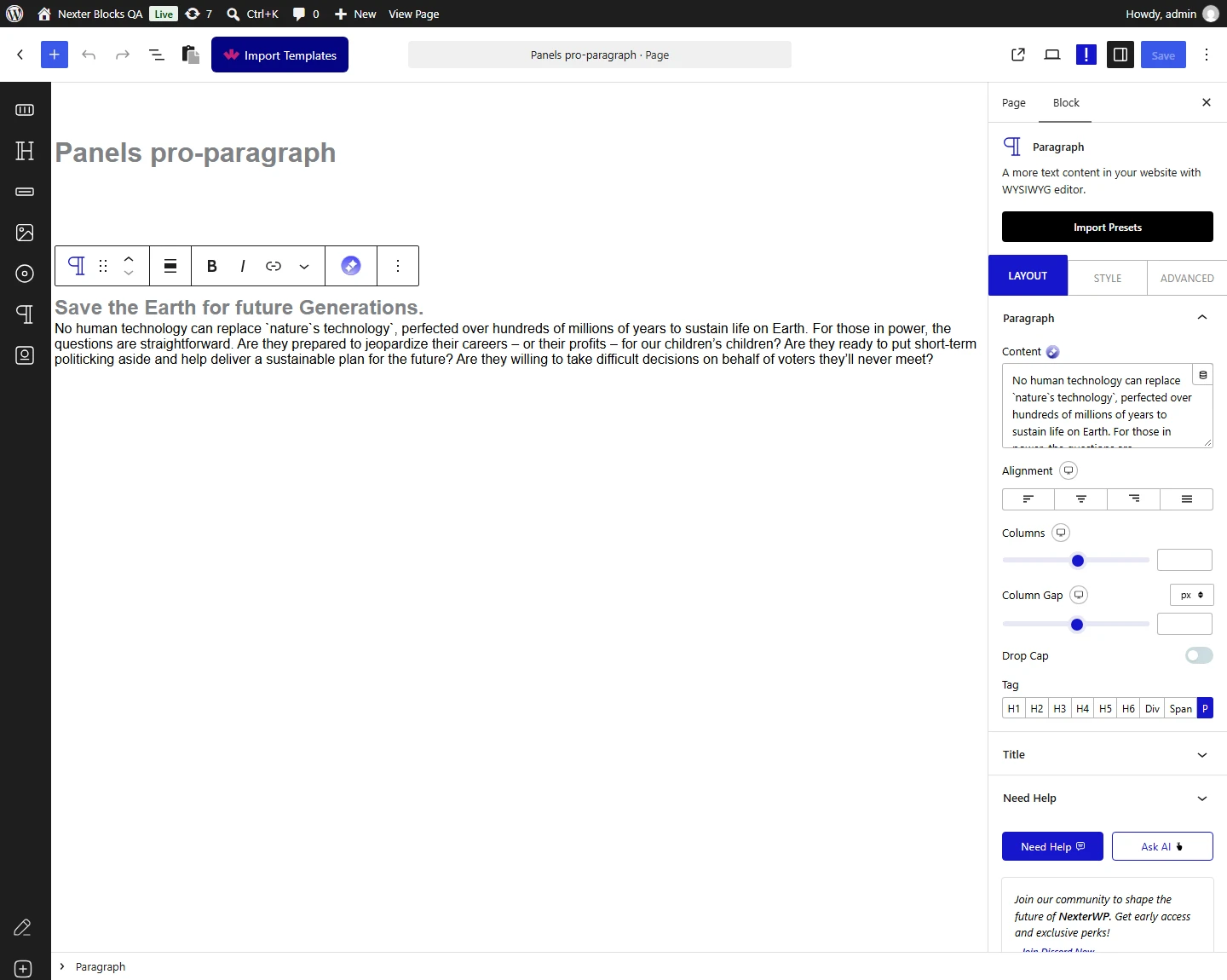 Paragraph block, Paragraph panel in the Layout tab