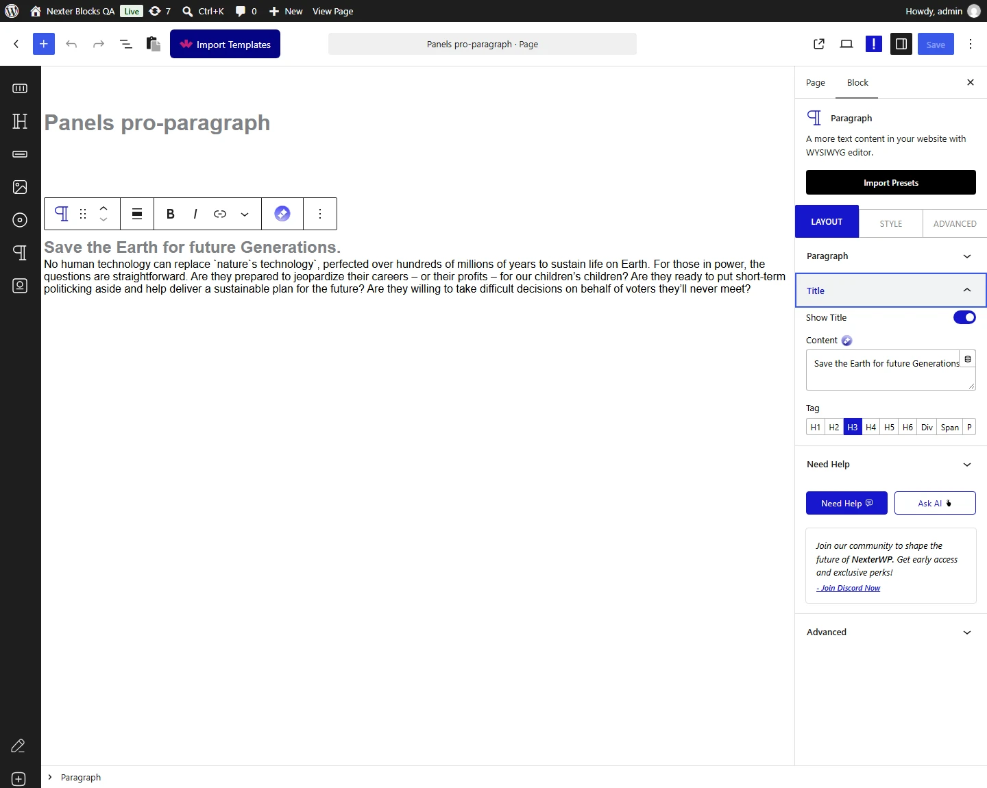 Paragraph block, Title panel in the Layout tab