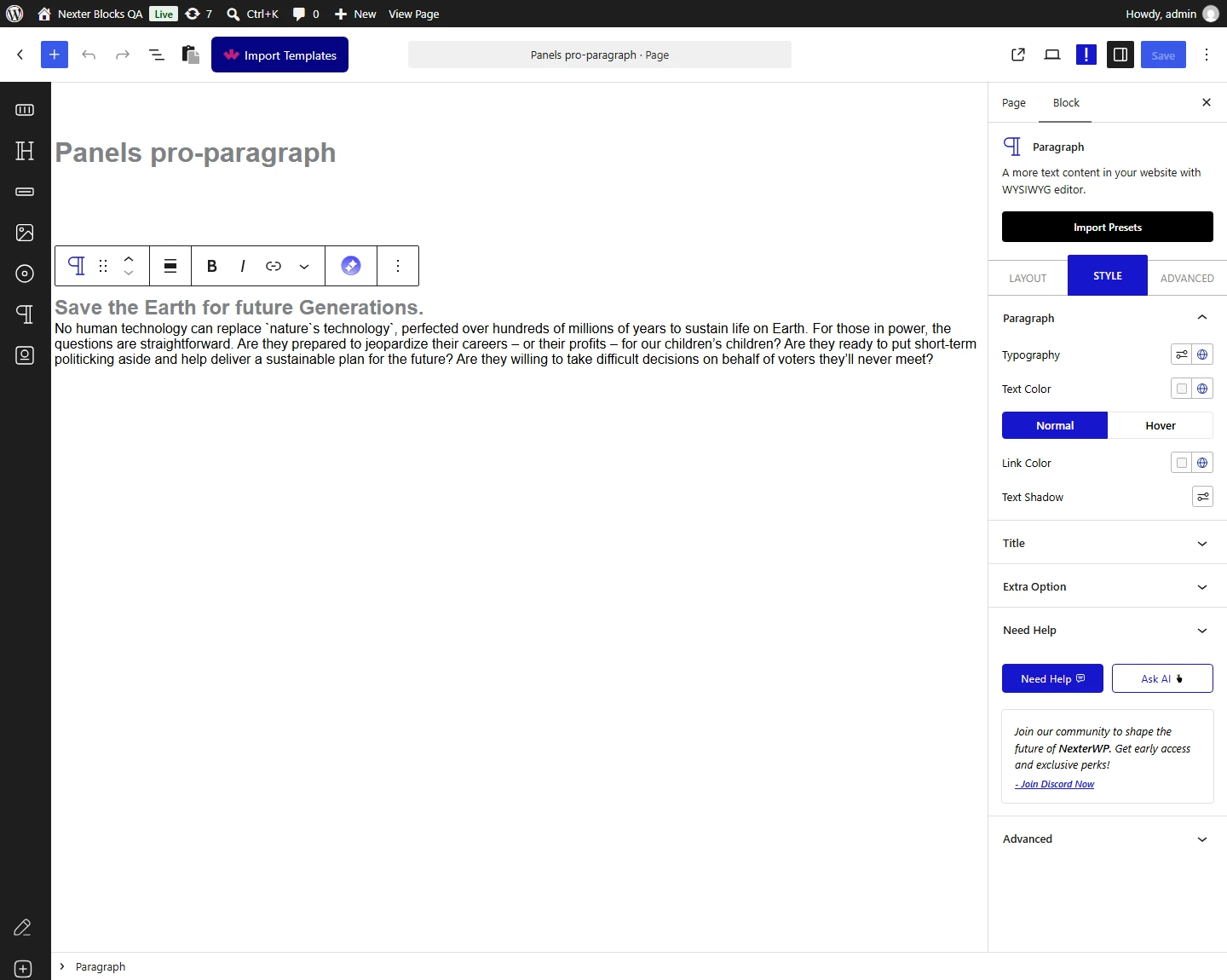Paragraph block, Paragraph panel in the Style tab