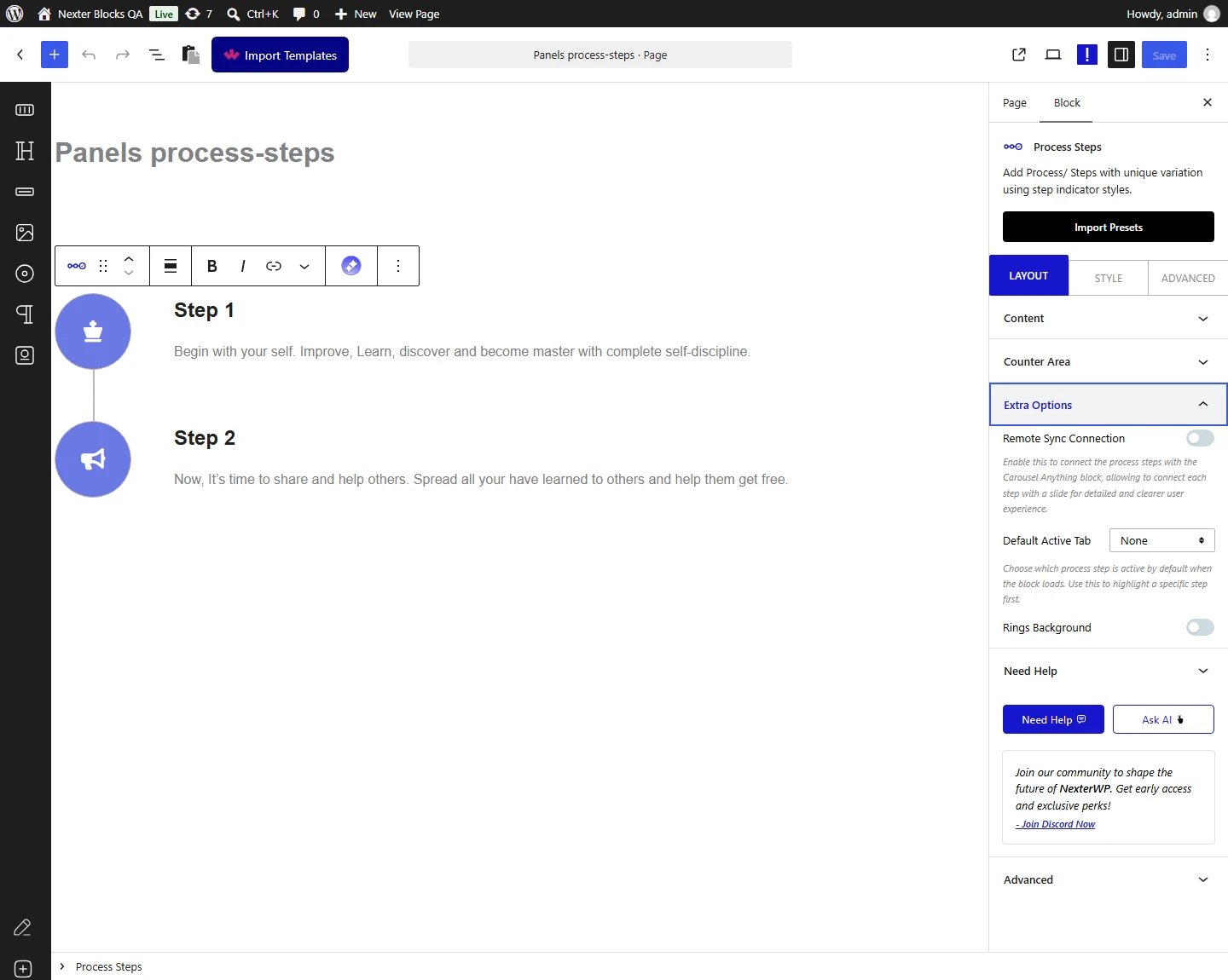 Process Steps block, Extra Options panel in the Layout tab